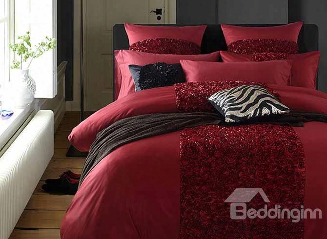 Luxurious Stereoscopic Embellishment Red 4-piece Polyester Bedding Sets