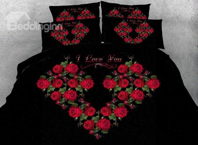 Luxury Flowers Heart Shape Black 5-piece Comforter Sets