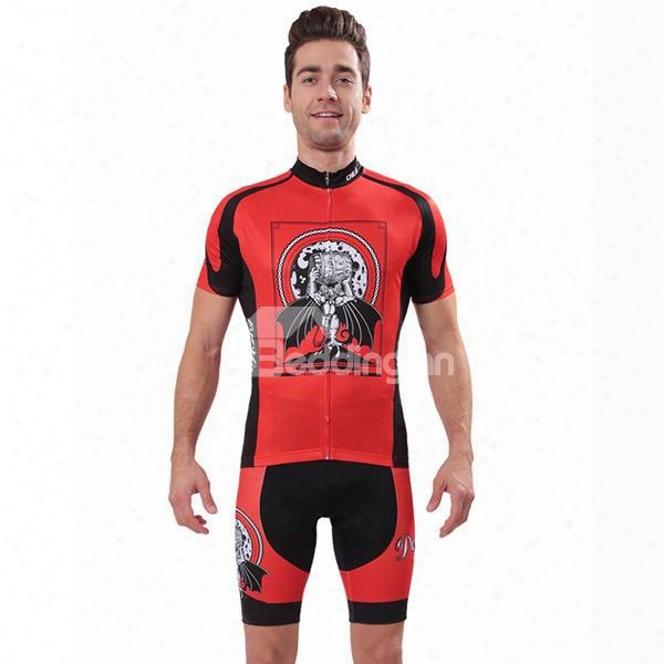 Male Red Hand Painted Devil Breathable Jersey With Zipper Sponged Short Cycling Suit