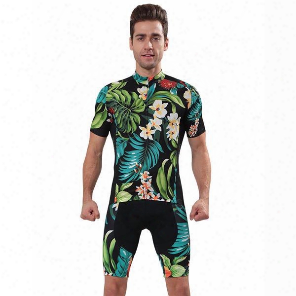Male Tropical Vintage Flowers Breathable Bike Jersey With Zipper Sponged Short Cycling Suit