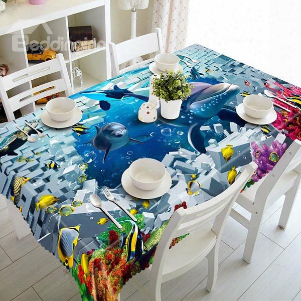 Modern Purpose Broken Wall And Dolphin Pattern 3d Tablecloth