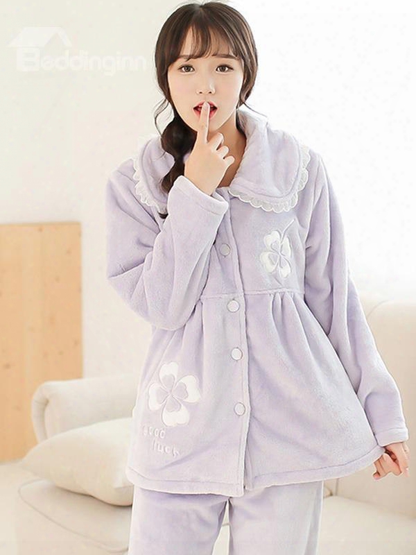 New Arrival Lovely Four Leaf Clover Print Flannel Pajamas Sets