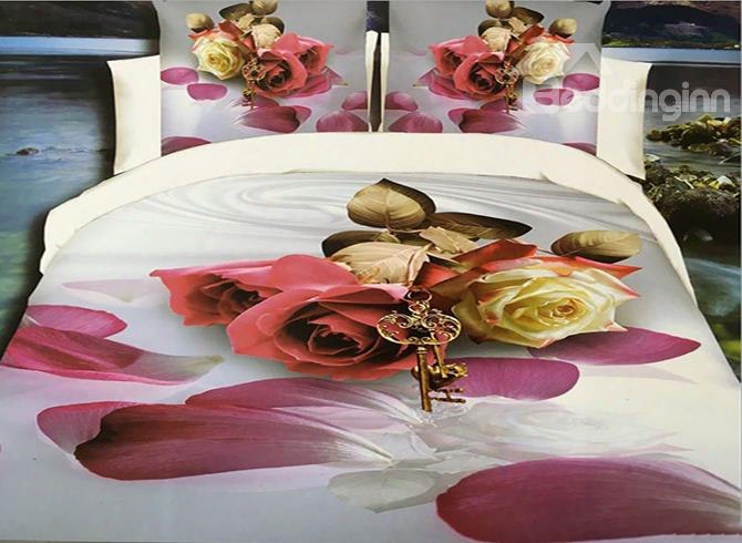 Noble Roses And Key Print 4-piece Polyester 3d Duvet Cover