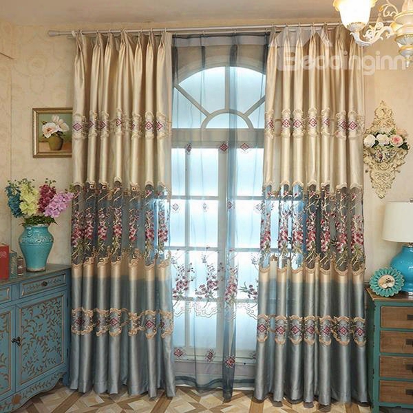 Pastoral Style Embroidered Flowers Pattern Blue Custom Curtains