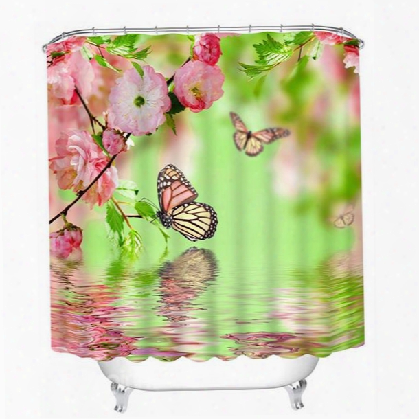 Pink Flowers And Colored Butterfies Over The Water Print 3d Bathroom Shower Curtain