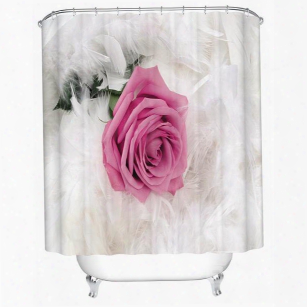 Pink Rose In The Middle Of White Feather Print 3d Bathroom Shower Curtain