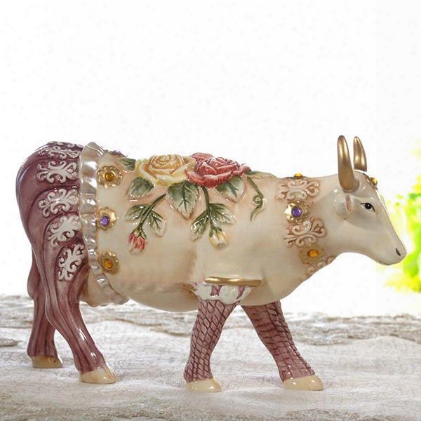Pretty Ceramic Flower Cow Shape Desktop Decoration Painted Pottery