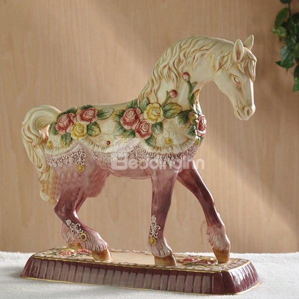 Purple Ceramic Flower Horse Decorative Desktop Painted Pottery