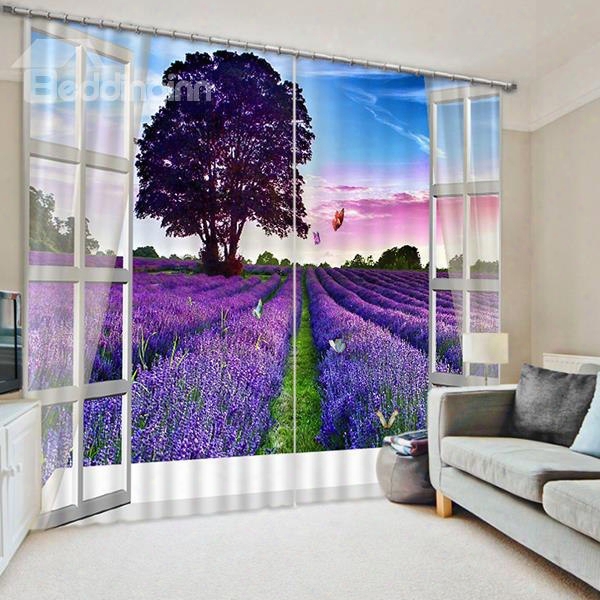 Purple Tree Andgrasses Out Of The Window Print 3d Blackout Curtain