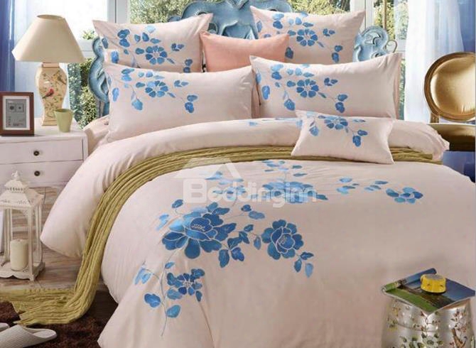 Romantic Blue Peony Print 4-piece Cotton Duvet Cover Sets
