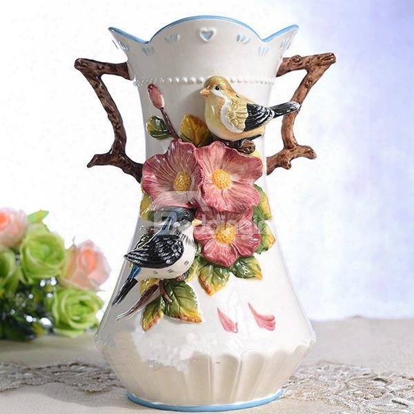 Romantic Love Birds Pattern Ceramic Flower Vase Painted Pottery