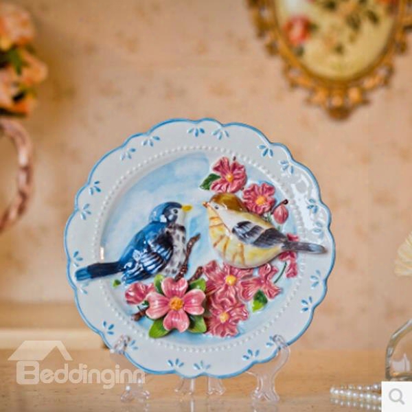 Round Blue Birds And Flowers Ceramic Plate Desktop Decoration Painted Pottery