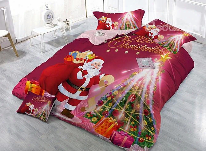Santa Claus Carrying Gifts & Christmas Tree Print 4-piece Christmas Duvet Cover Sets