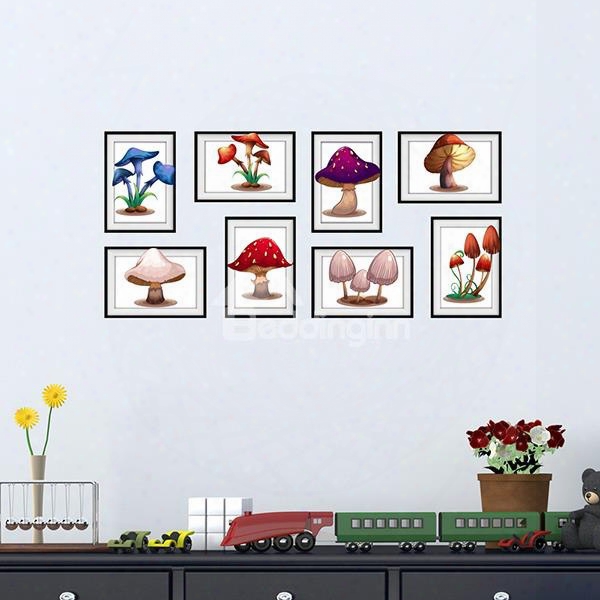 Simple Attractive 7 Types Of Mushroom Photo Frame Wall Stickers