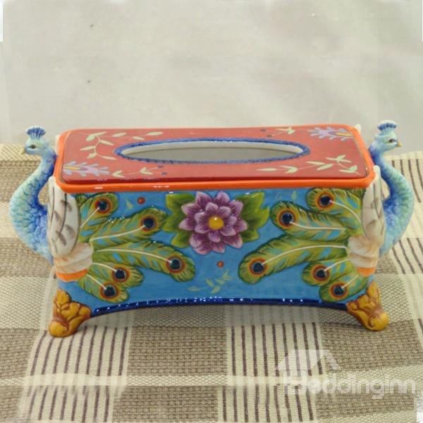 Splendid Ceramic Peacock Pattern Tissue Box Painted Pottery