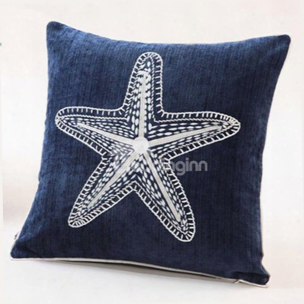 St Ylish Design Starfish Embroidery Blue Polyester Throw Pillow