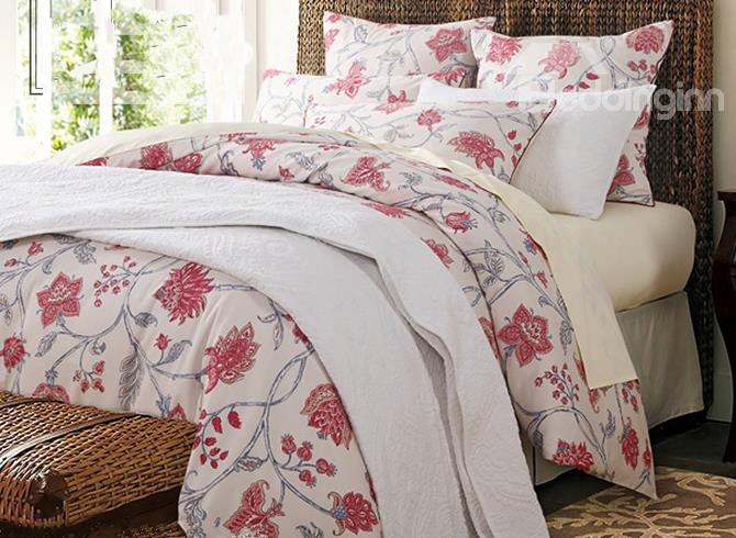 Stylish Red Flowers Print Pastoral Style White Cotton 4-piece Bedding Sets/duvet Cover