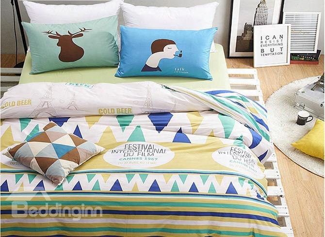 Stylish Triangle And Stripe Print 4-piece Cotton Duvet Cover Sets