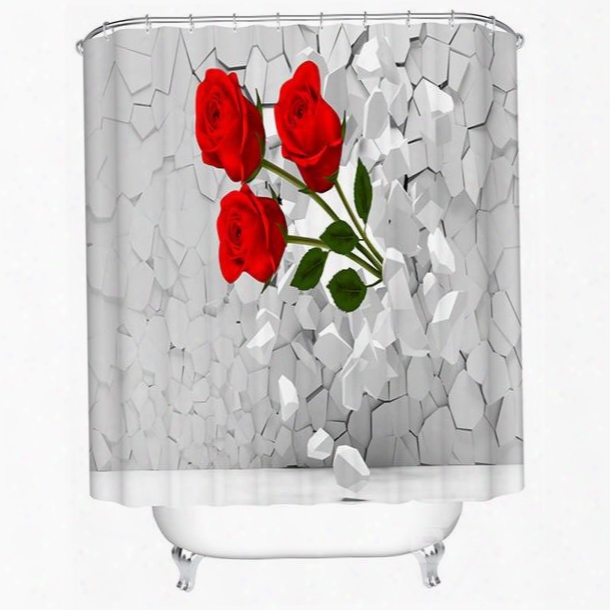 Three Red Roses Bursting Through The Wall Print 3d Bathroom Shower Curtain