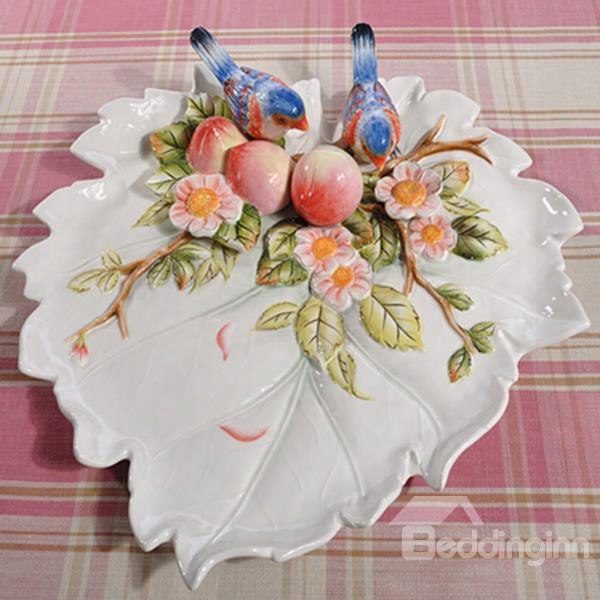 White Ceramic Peaches  And Birds Pattern Friut Plate Painted Pottery