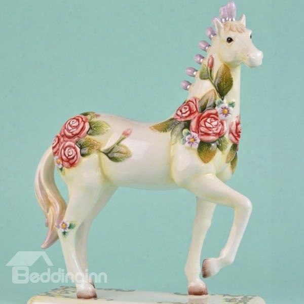 White Ceramic Roses Pattern Horse Desktop Decoration Painted Pottery
