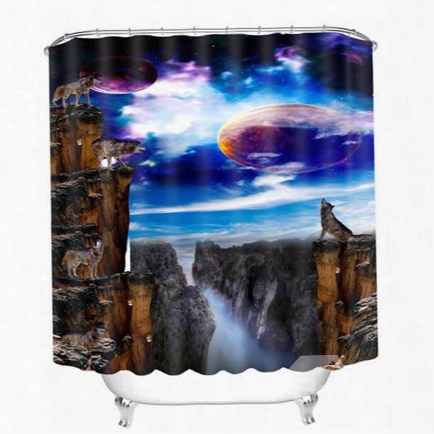 Wolves Howling At Night During The Full Moon Print 3d Bathroom Shower Curtain