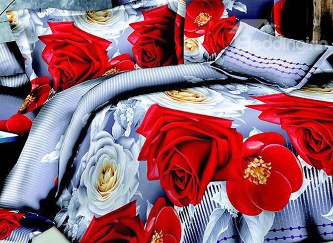 Wonderful Red And White Floral Print Polyester 4-piece Duvet Cover Sets