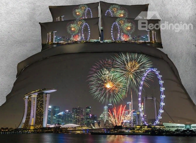 3d Cityscape And Fireworks Printed 4-piece Bedding Sets/duvet Covers