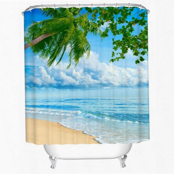 3d Coconut Tree And Beach Scenery Printed Polyester Lght Blue Shower Curtain