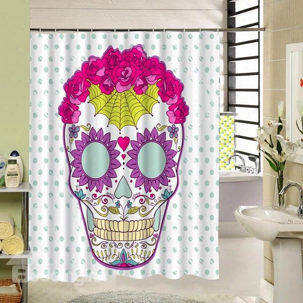 3d Colorful Skull Printed Dot Pattern Polyester White Shower Curtain
