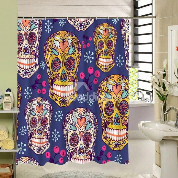 3d Colorful Skulls Printed Polyester Blue Shower Curtain