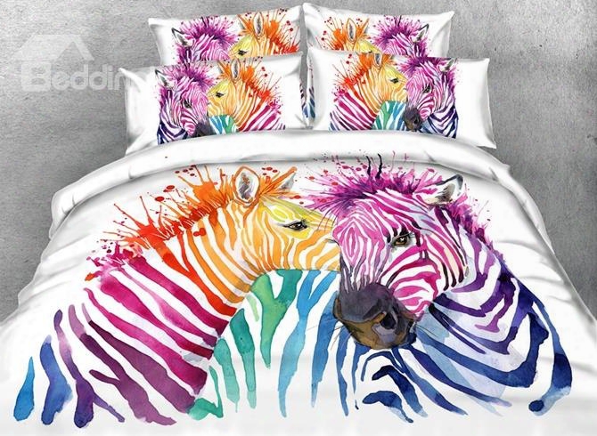 3d Colorful Zebra Couple Printed 5-piece White Comforter Sets