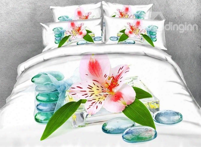 3d Exquisite Lily Printed Cotton 4-piece White Bedding Sets/duvet Covers