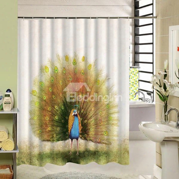 3d Flaunting Peacock Printed Polyester White Shower Curtain