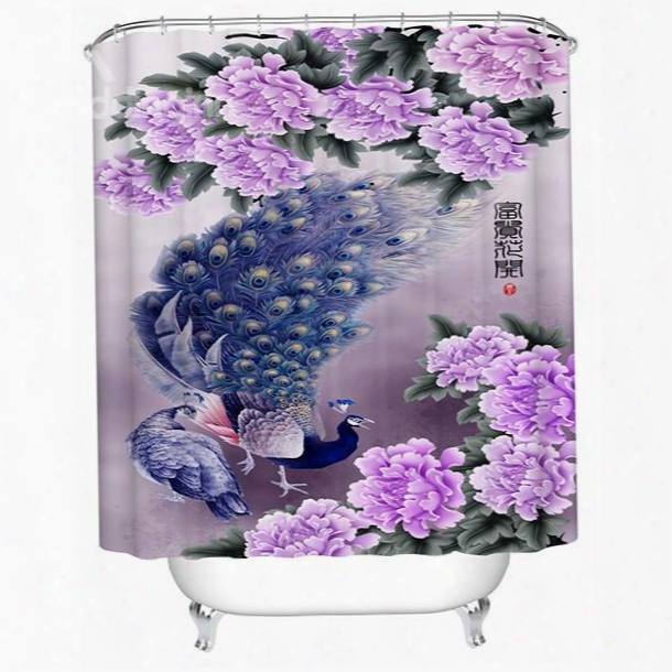 3d Peacock And Purple Peony Printed Polyester Shower Curtain