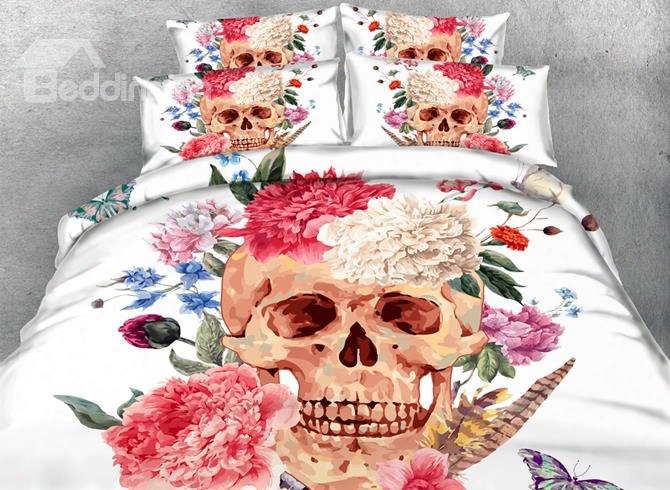 3d Peonies And Skull Printed Cotton 4-piece White Bedding Sets/duvet Covers