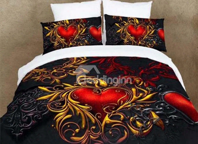 3d Red Heart Printed Cotton Full Size 4-piece Bedding Sets/duvet Covers