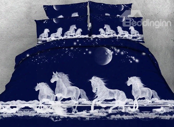 3d Running Horses Under Moonlight Printed Cotton 4-piece Bedding Sets/duvet Covers