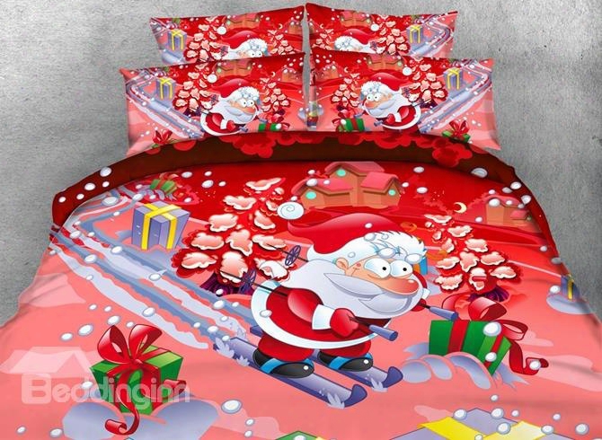 3d Santa On Skis Printed Cotton 4-piece Red Bedding Sets/duvet Covers