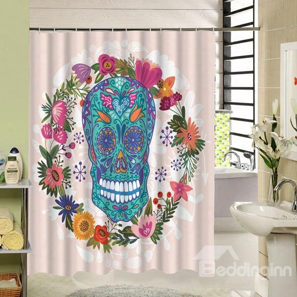 3d Skull And Colorful Arland Printed Polyester Pink Shower Curtain