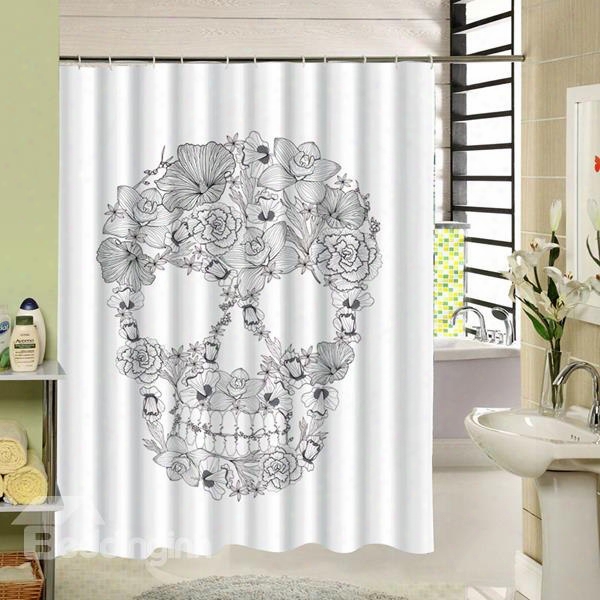 3d Skull With Flowers Printed Polyester White Shower Curtain