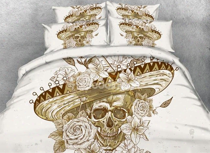 3d Skull With Roses Hat Printed Retro Style Cotton 4-piece Bedding Sets