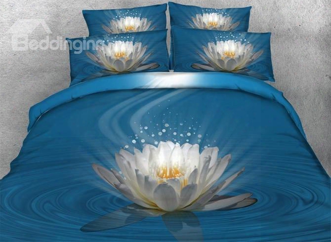 3d White Lotus Printed 5-piece Blue Comforter Sets