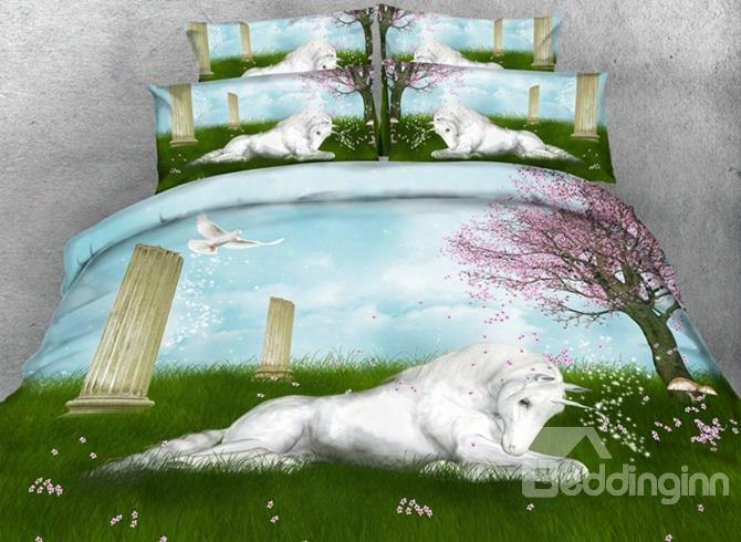 3d White Unicorn Crouching On Grass Printed Cotton 4-piece Beddding Sets/duvet Covers