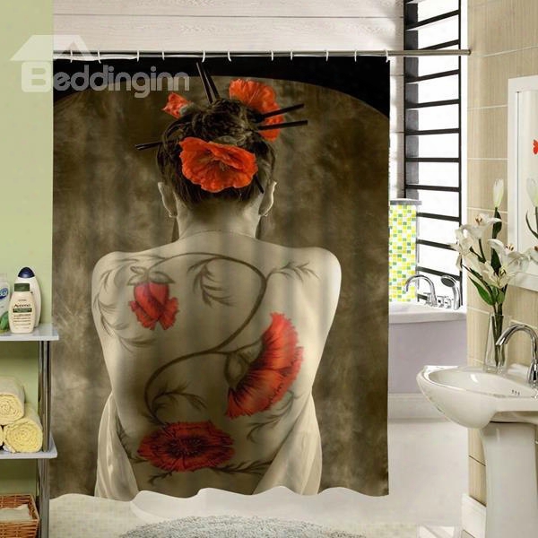 A Girl With Red Flowers Tattoos In Her Back 3d Bathroom Decor Shower Curtain