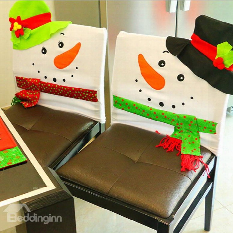A Pair Of Chair Covers Snowman With Colorful Hat Pattern Christmas Decoration