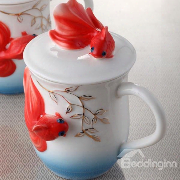 Amazing Ceramic Goldfish Pattern Cup Painted Pottery