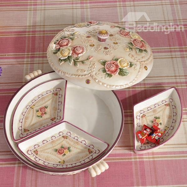 Amazing Ceramic Roses Pattern Fruit Plate Painted Pottery