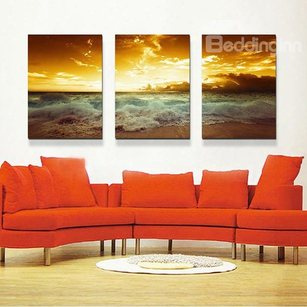 Amazing Sea Waves Along The Beach 3-panel Canvas Wall Art Prints