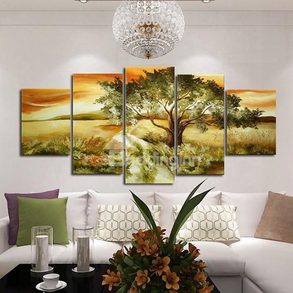 Amazing Tree In Sunset Oil Painting Framed 5-panel Wall Art Prints